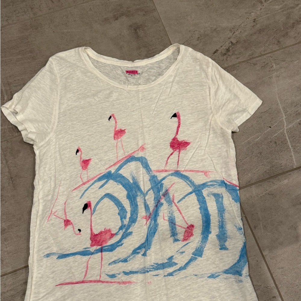 J. Crew White Tee with Pink Flamingos and Blue Waves